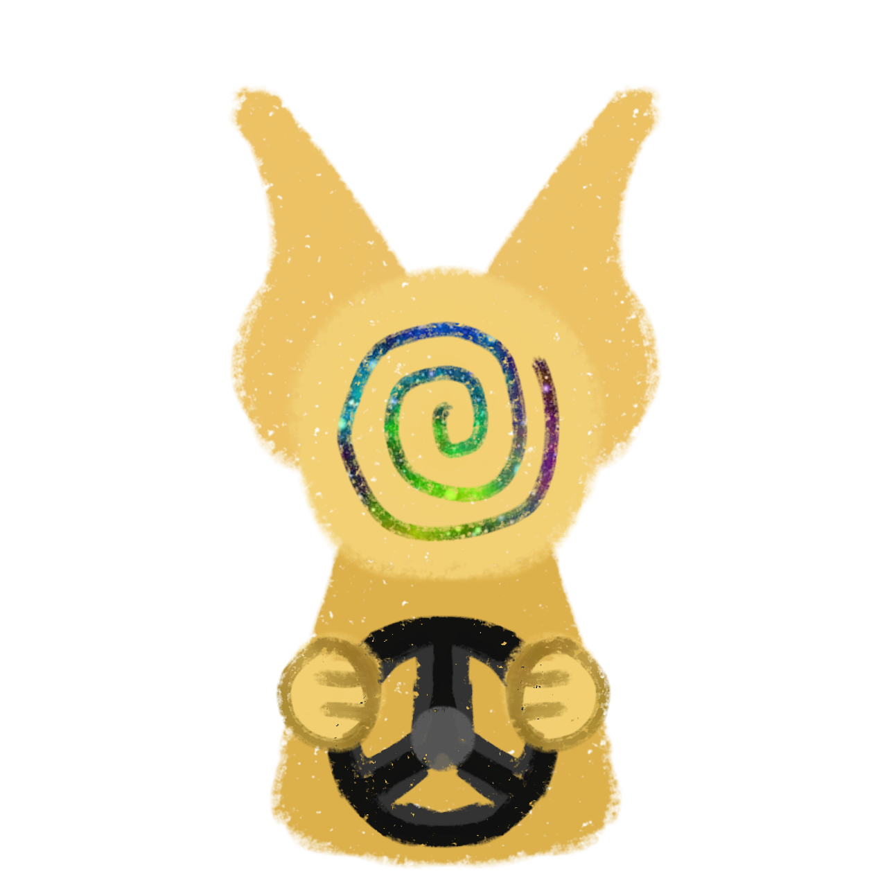  a yellow stylized rabbit-like creature with a colorful spiral design on its face and is holding a steering wheel.